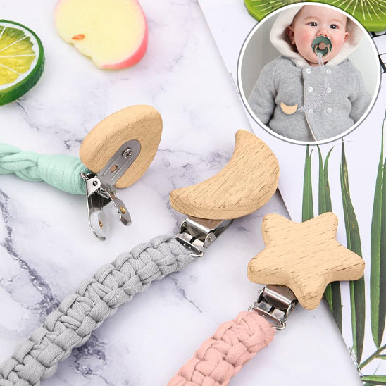 Attache tetine tissu tissage en bois